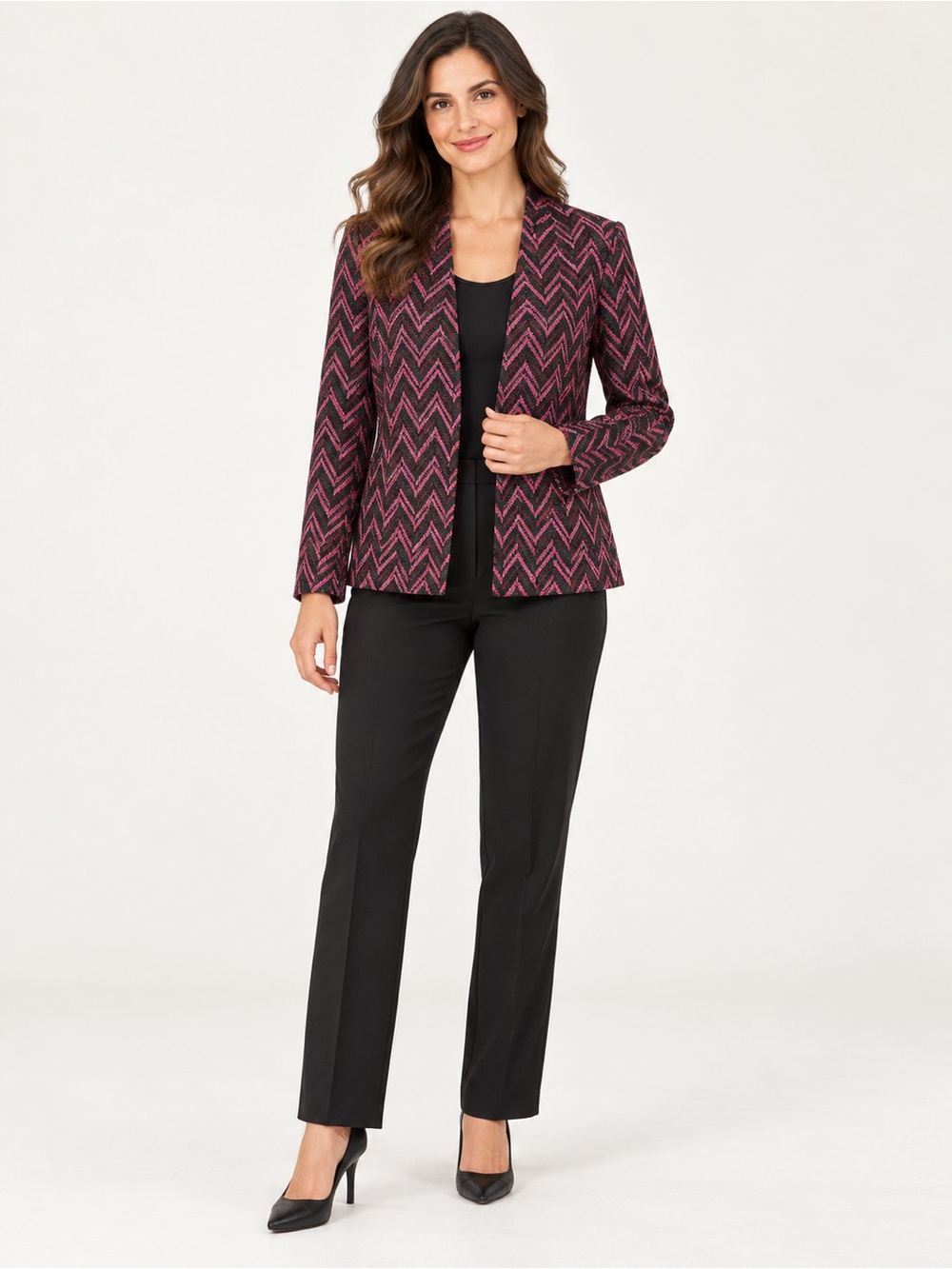 Kasper Black Pink Chevron Open Front Blazer Jacket Women’s Size Large Workwear